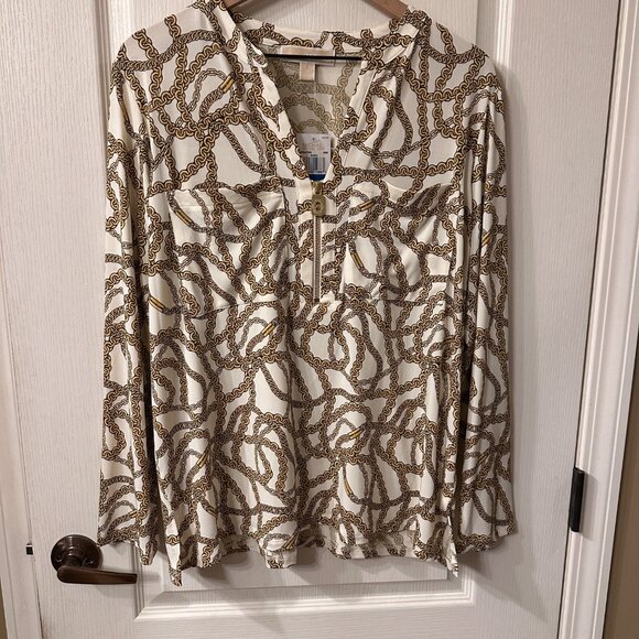 MICHAEL Michael Kors Tops - Michael Kors | NWT XL Long Sleeve Gold Chain Print 1/4 Zip Top Luxury Old Money
